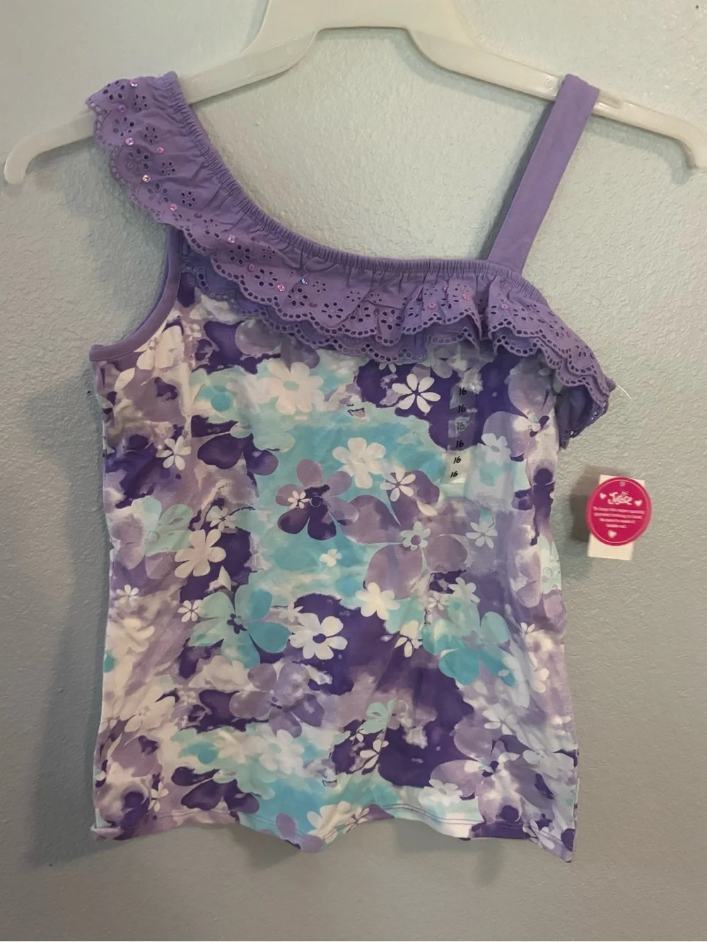 NWT Justice One Shoulder Purple Floral Tank Sz 16